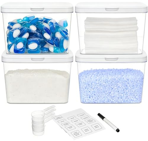 Vtopmart 4 Pack Laundry Pods Container and Dryer Sheet Holder, Detergent Powder Container with Lids &Labels & Scoop for Laundry Room Organization, Laundry Storage for Powder, Pods, Scent Booster Beads