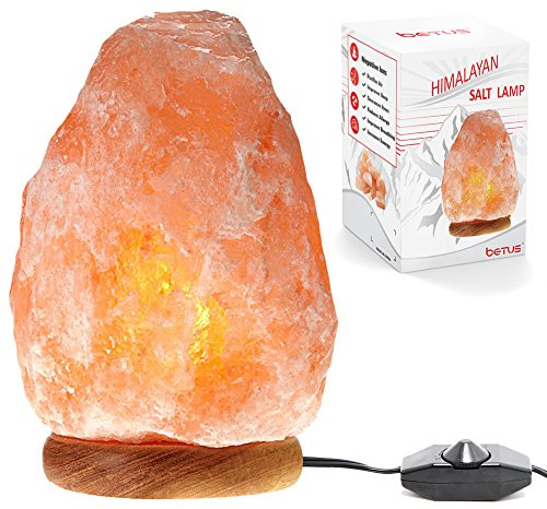 Betus [Natural Crystal Himalaya Salt Lamp Hand Carved on Wood Base with Dimmable Cord and Light Bulb - 6 to 7 Inches Height, 3 to 5 Pounds