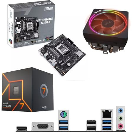 AMD Ryzen 7 7700 3.8Ghz (Turbo 5.3Ghz) 8 Core 16 Thread CPU, ASUS PRIME A620M-K Motherboard Pre-Built Bundle NO RAM