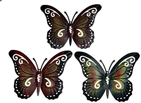 khevga 3er Set Deko-Schmetterling – Wanddeko aus Metall im Vintage-Stil, Schmetterlings-Dekoration für Wohnzimmer, Garten, Balkon oder Terrasse