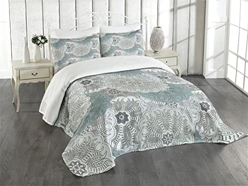 ABAKUHAUS Grau Tagesdecke Set, Oriental Art, Set mit Kissenbezügen Romantischer Stil, für Doppelbetten 220 x 220 cm, Blau