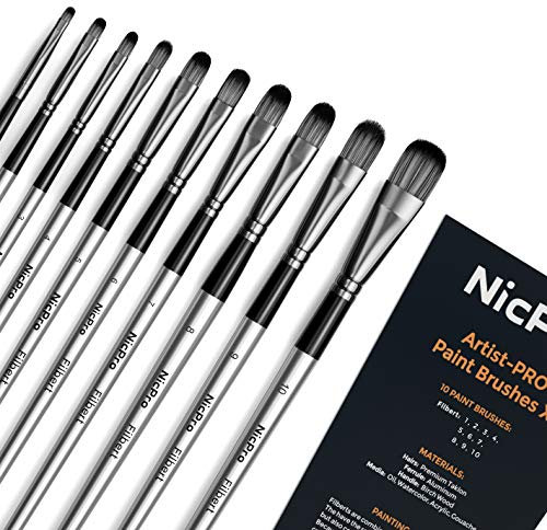 Nicpro 10 PCS Filbert Paint Brushes Art Painting Brush Set for Acrylic Watercolour Oil Gouache Canvas, Artist Kit for Kid & Adult