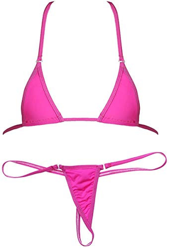 Czizi Women Micro G-String Bikini 2 Piece Sliding Top Thong Small Bra (Rose)