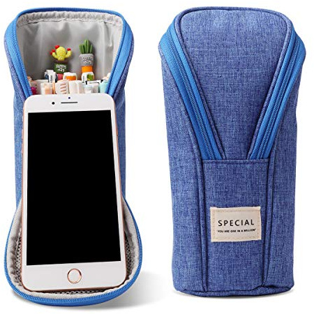 iSuperb Federmäppchen Studenten Mäppchen Handy stehend Stiftetui Grosse Bleistift Beutel Schulmäppchen Reißverschluss Schuletui Mädchen Standing Pencil Case (Blau)