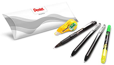 Pentel Set Schule/Büro/Smart Working (2 Stück Energel Slim BL437 schwarz, 1 Druckbleistift 0,5 mm, 1 weiße Mini-Klebeband, 1 Textmarker)