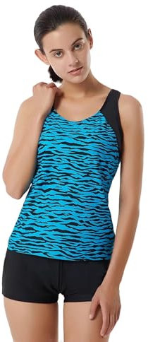 LULUWINGX Women Tankini Swimwear Two Pieces Racerback Bathing Suit Athletic Swimsuit with Boyshorts Wave Black (Small)