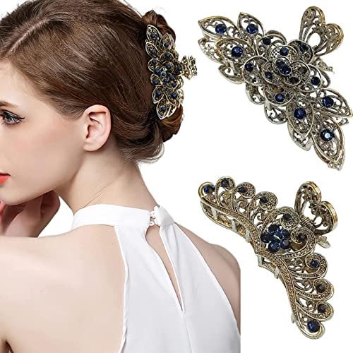Vintage Rhinestone Hair Claw Clips 2 Pack - Retro Alloy Non-Slip Hair Clips for Women Thick Hair, Shiny Metal Flower Hair Grips Fancy Accessories Ladies & Girls