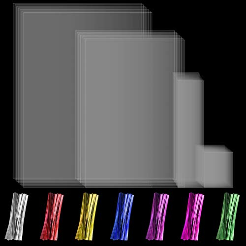 4 Sizes 200 Pieces Clear Cello Wrap Bags Cellophane Treat Bags with Mix Colors Twist Ties, Holiday Plastic Bags for Valentine Day Party Favor (4 x 3 Inch, 10 x 2 Inch, 15 x 12 Inch, 20 x 15 Inch)