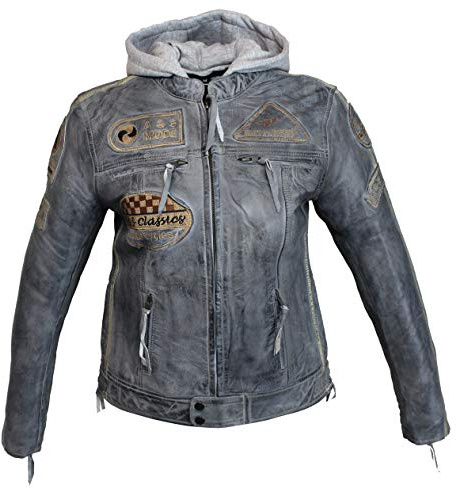 EURO STARS Damen Motorradjacke, Biker Lederjacke, Damen Biker Lederjacke Grau mit Kapuze und Protektoren, Damen Motorradjacke, Damen Bikerjacke, Damen Lederjacke, Damen Jacke Grau