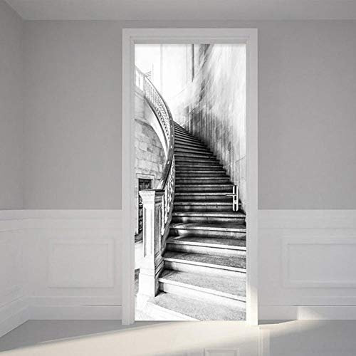 CUUDBP Stickers Porte Effet 3D Trompe l'oeil Porte Mural - Escaliers Rétro Noir Et Blanc Autocollant De Porte Papier Peint Salon Enfant Adulte Chambre Cuisine Décoration Poster Porte Sticke 77X200Cm