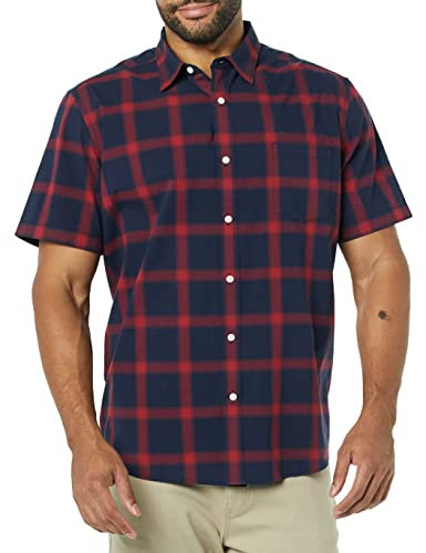 Amazon Essentials Chemise en Popeline Extensible à Manches Courtes (Grandes Tailles Disponibles) Homme, Bleu Marine Rouge Carreaux Lainés, S