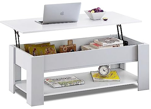 Blisswood Coffee Table with Storage, Lift Up Coffee Tables for Living Room, Wooden Coffee Table with 1 Shelf Large Hidden Storage Modern Rectangular Sofa End Lift-Top Tea Table Furniture (White)