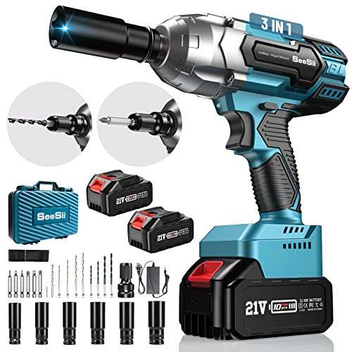 Seesii Avvitatore a Impulsi 479 Ft-lbs (650Nm), 21V Avvitatore a Impulsi a Batteria 3300 RPM con 2 Batterie 4.0Ah, 6 Dadi, 8 Punta da Trapano, 6 Viti, Avvitatore a Impulsi da 1/2 per Auto e Uso