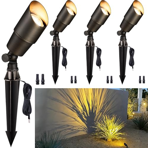 Gardenreet Brass Low Voltage Spot Lights Outdoor Waterproof IP65, 12V LED Bronze Landscape Lights Wired Uplight Fixture for Garden, Yard, Patio, Lawn, Wall, Home, Tree Without MR16 Bulb(4 Pack)