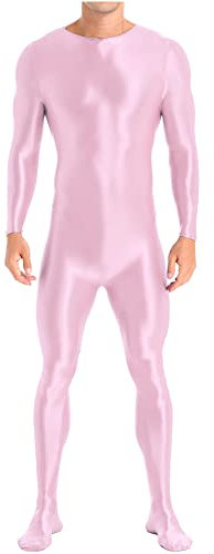 iEFiEL Herren Öl Ganzkörperanzug Langarm Ganzkörper Stretch Overall Einfarbig Glänzende Jumpsuit Leggings Sportanzug Rosa XL