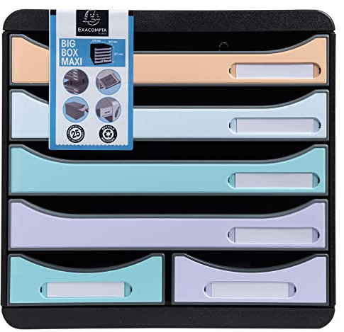 Exacompta 3127296D Ablagebox Aquarel aus Recycling-Kunststoff mit 4 Schubladen für DIN A+ und 2 Schubladen für Utensilien. Belastbare Schubladenbox für mehr Platz. Blauer Engel Big Box Maxi