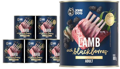 John Dog Hundefutter für Hunde Berry Line Lamm mit Brombeeren - Getreidefrei Hundenassfutter mit Superfoods und 96% Fleisch & Innereien - Nassfutter für Erwachsene Hunde 6 x 800g