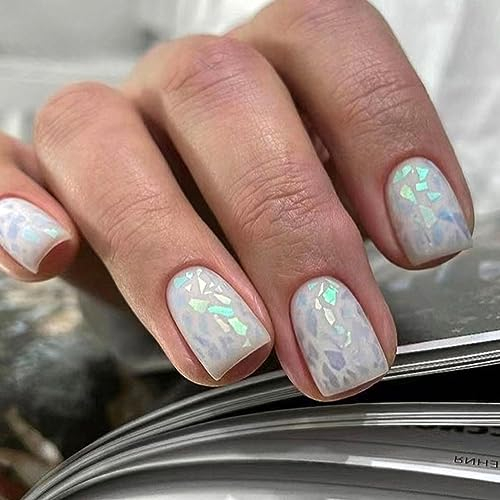 24 Pièces Carrés Faux Ongles Court, French Press on Nails Paillettes Brillant Ongles à Coller, Acrylique Couverture Complète Square Faux Ongles Autocollants pour Femme et Fille Nail Art