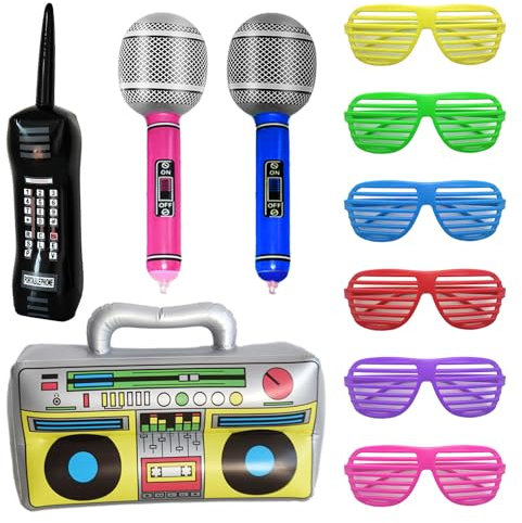 1PCS Inflatable Radio +1PCS Inflatable Retro Mobile Phone +2PCS Inflatable Microphone+6 PCS Blinds Party Glasses,80s 90s Inflatable Party Props Decoration Disco Rapper Beach Party Accessories