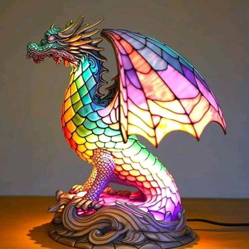 Vintage Tier-Tischlampe, bunte Nachttischlampen aus Kunstharz, als Dekoration in Tierform, Tiffanie-Stil, farbige Glaslampe, Nachttischlampe, Drache