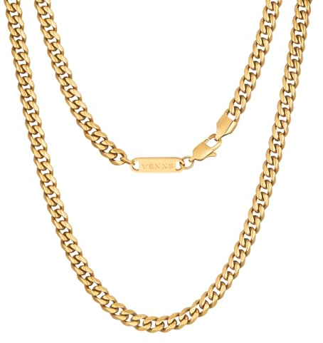 VEXXS Halskette Panzerkette Gold Panzer facettiert 5mm,18 Karat Vergoldet Edelstahl Herren Kette mit Diamantschliff,Goldkette für Herren Damen Männer, Schmuck Geschenk