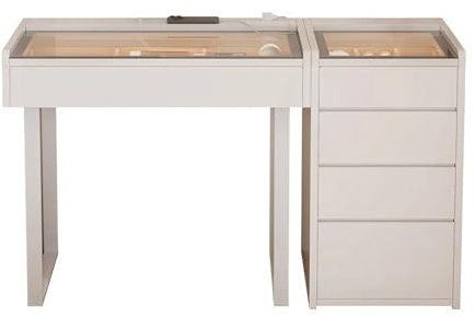 Escritorio de Tocador con Tapa de Cristal de Diseño y Estación de Carga, Mesa de Tocador de Maquillaje con 5 Cajones y Armario Ajustable