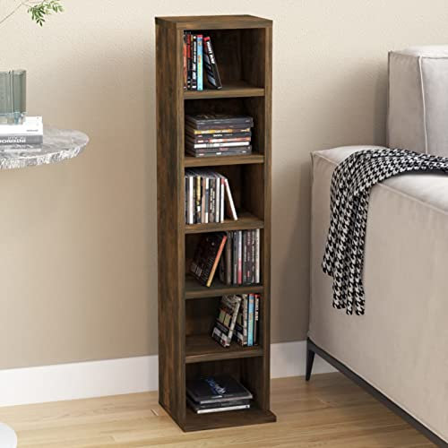 Gecheer CD Cabinet Storage Organizer, Smoked Oak Engineered Wood, 6 Open Compartments, 21x20x88 cm Model815072