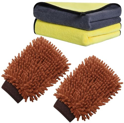 Weniubit Set di 2 asciugamani in microfibra e guanti da lavaggio auto, panno in microfibra di alta qualità, estremamente assorbente, pulizia della casa e lavaggio auto