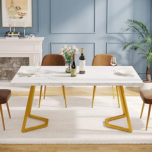 Tribesigns Moderner Goldener Esstisch,140X80 cm weißer Küchentisch mit goldfarbenen Metallbeinen, künstlicher Marmor, Kleiner Esszimmer-Küchentisch für 4-6 Personen, rechteckiger Esstisch für Wohnung