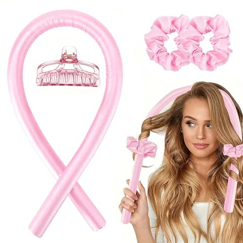 Lockenwickler Ohne Hitze, New Heatless Curls Band, Silk Rutschfest Heatles Curls Band mit Haarnadel, Wave Formers für langes mittleres Haar(Rosa)