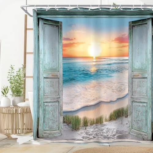 Riyidecor Duschvorhang für Badezimmer, Dekoration, 72 x 72 cm, hawaiianischer Sonnenuntergang, Landschaft, Meereswelle, Retro, Holz, rustikal, Naturkunst, bedruckter Stoff, Polyester, wasserdicht, 12