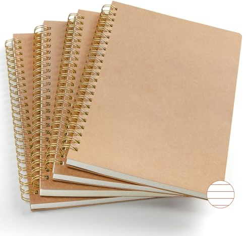 VEESUN Cahier à Spirale A5 Ligné: Lot de 4 Carnet de Notes avec Couverture Kraft Cahier Note 80 Feuilles 160 Pages Cahier de Dessin Papier Épais 80g Bloc Note Idéal pour Écriture École et Bureau