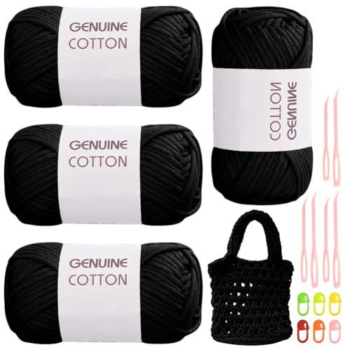 RANJIMA Schwarzes Garn, 4 Stück Einfach Garn, Häkelgarn für Anfänger, Gut Sichtbare Maschen Garns Zum Häkeln mit Häkelzubehör, Baumwoll-Nylon-Garns für Kleidung, Decken, Taschen, Pullover