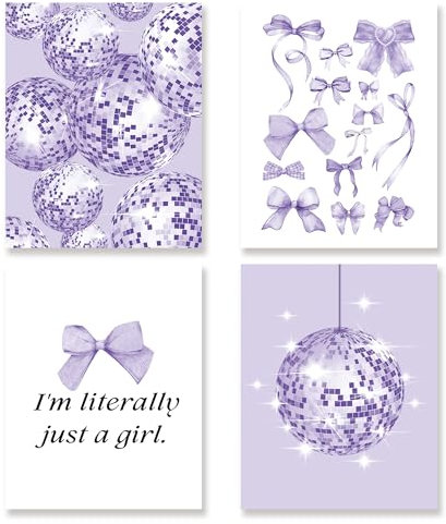 KSDUT Lila adrette Wanddekoration, Kunst-Set, 4 Stück, trendiges Kunstwerk, Poster, Drucke, Kokette, Discokugel, Wanddekoration, Strandzimmer, Bild, Wandkunst für Teenager, Mädchen, Schlafsaal,