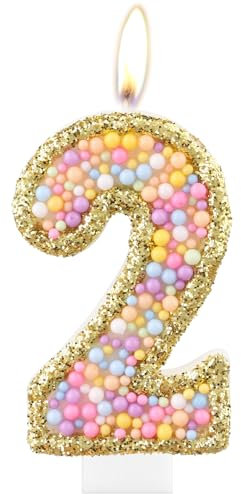 Macaron 2nd Birthday Candles,Gold Number 2 Candle for Cake, Color Pearl Candles, Macaron Themed Birthday Decorations, Sparkler Birthday Candle Cake Topper for Girls Boys Birthday Party Supplies