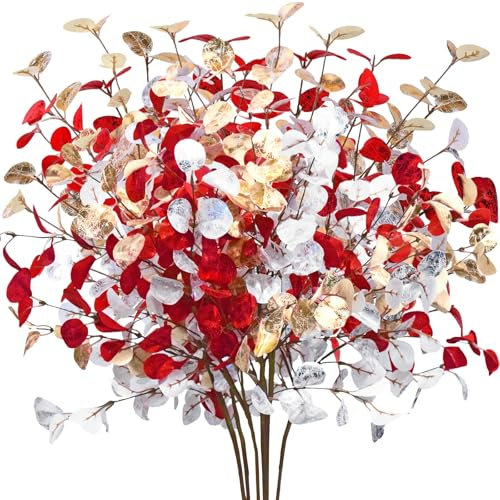 Kinisty Künstliche Pflanzen Eukalyptus Deko Weihnachten Kunstpflanzen 70cm, 6 Stück Künstliche Zweige Gold Rot Silber Fake Eukalyptusblätter Gefälschte Pflanze für Neujahr Garten Tischdeko