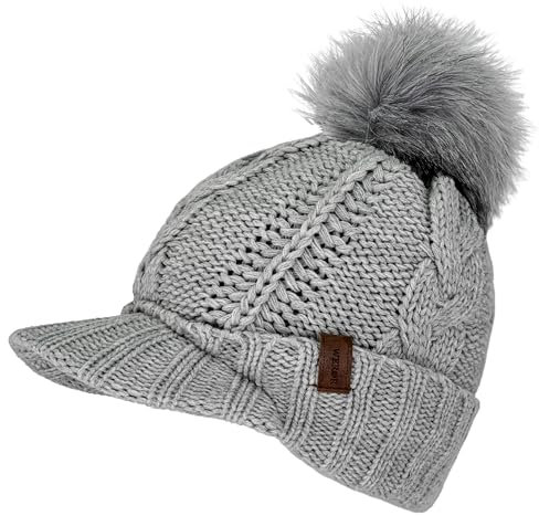 WEROR Strickmütze Damen – Bommelmütze mit Schild Schirmmütze Cap Winter - Mütze mit Schirm - Wintermütze gefüttert – WEROR-446.1 (Einheitsgröße, Grau)