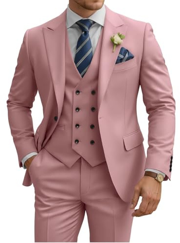 TIJOFA 3 Piece Suit Men Slim Fit Double Breasted Suit for Men Wedding Suits Classic One Button Formal Prom Dinner Tuxedo, Dusty Rose, S