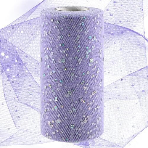 Swpeet 6 Zoll durch 50 Yards Helllila Glitter Tüll Stoff Rolle, Stoff Spule Sparkling Tüll Band, Netting Polyester Spule für DIY Geburtstagsfeier Hochzeit Dekorationen Weihnachten Handwerk Zubehör
