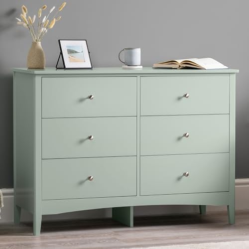 CHRISTOW Sage Green Chest Of Drawers, 6 Drawer Storage Organiser Unit, Modern Wooden MDF Bedroom Cabinet Furniture, Living Room Hallway, Brushed Chrome Handles (H70cm x W80cm x D40cm)