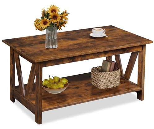 WLIVE Rustic Brown 100cm Wooden Coffee Table, 2-Tier Open Storage Centre Table with M-Shaped Reinforcement, for Small UK Living Spaces