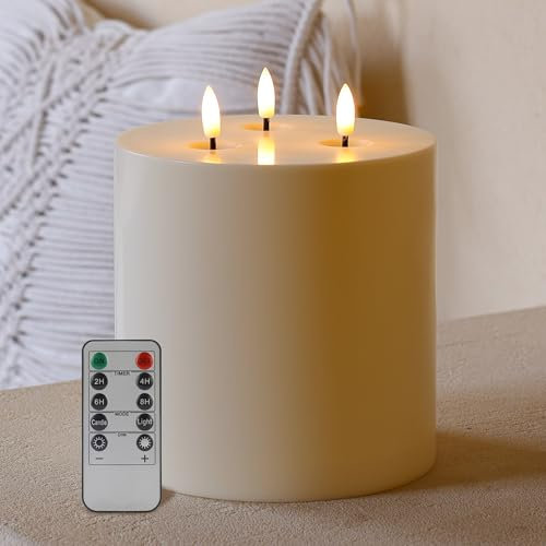 AFINETH Large Outdoor Candles with Remote Waterproof 6x6 Flickering Flameless Candles with 3 Wicks Plastic Big Battery Operated Candle for Indoor Outdoor Use, Ivory