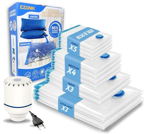 Bolsas Vacío Ropa - Pack de 15 Bolsas 2XL+4L+4M+5S con Bomba Electrica - Reduce Espacio - Ahorro Grande para Guardar Ropa, Edredones. Almacenaje al Vacio. Vacuum Storage Bags - Ideal Viajes.