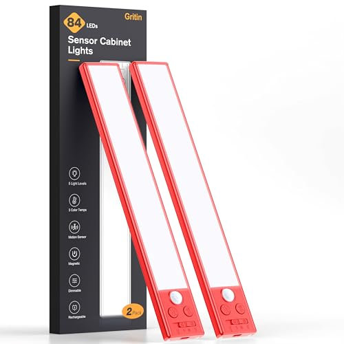 Gritin Lampe de Placard- 84 LED Super Lumineuses,3 Couleurs&5 Luminosités,4 Modes,Capteur de Mouvement, Rechargeable 1800mAh Longue Durée -Installation Facile Lampe d'Armoire Magnétique,Rouge