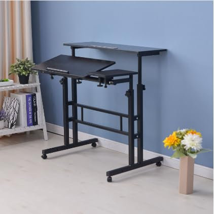 homewell Tisch Computertisch mit 4 Rollen, Steh-Sitz Bürotisch, Tischplatte Neigbar, Stehpult Schreibtisch Höhenverstellbar, PC Tisch Klein für Home Office, 80 x 60cm
