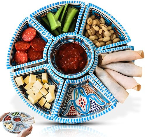 Lot de 8 bols à tapas en céramique peints à la main - Design méditerranéen - Bleu turquoise - Assiette de 30 cm - Éthique et durable - Passe au micro-ondes et au lave-vaisselle - Fabriqué en Tunisie