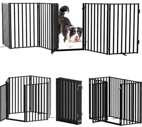 Lezbanz Full Metal Freestanding Dog Gates with Door, 32 Height Dog Fences for Indoor & Outdoor, Extra Wide Foldable Pet Gates for Stairs, Hallways, Doorways, Yard (6 Panels, 120 W × 32 H)