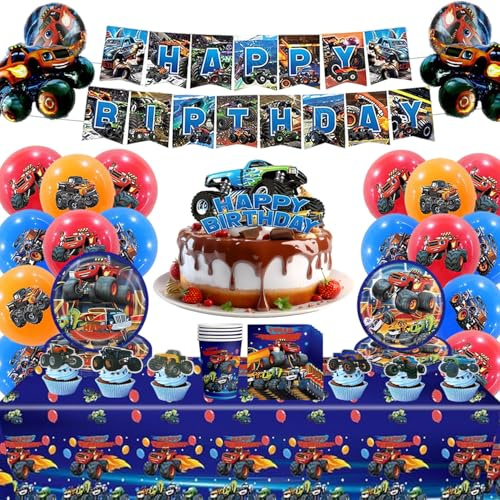 BAISHUWU Monster Truck Party Geschirr, 98 Stücke Monster truck geburtstag deko, Monster Truck Luftballons Partygeschirr, Monster Truck Ballons, Monster Truck Party Geschirr, für Kinder Geburtstag