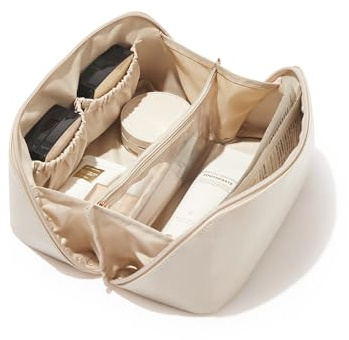 EACHY Kosmetiktasche Damen, PU-Leder Make up Tasche mit Transparenten Trennern, wasserdichte Reise Schminktasche mit Griff, Luxus Kulturbeutel für Frauen oder Geschenkidee (Beige, Mittelgröße)