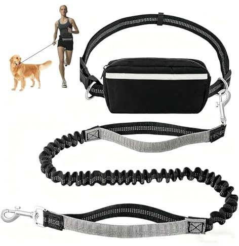 Handsfree hundkoppel med handtag och avtagbar midjeväska & justerbart bälte, långt hundkoppel 115–175 cm, reflekterande stötdämpare elastiskt band för träning, löpning, promenader (svart)